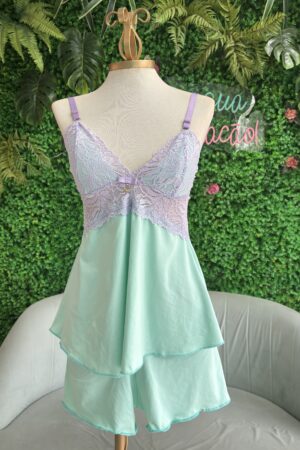 Babydoll Gleice - M, verde agua com lavanda